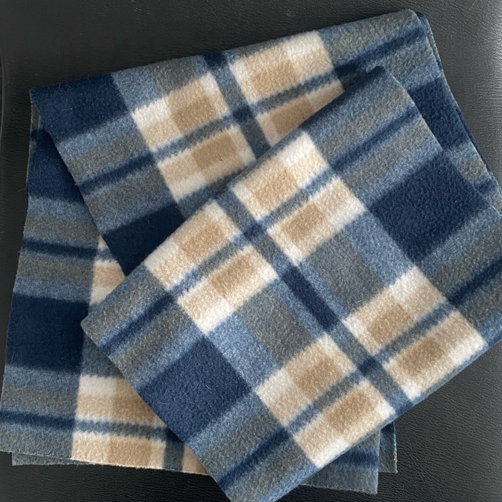 Men's Blue Cream Tan Plaid Flannel Scarf Long Cozy Soft Fringed Unisex 61"x10"